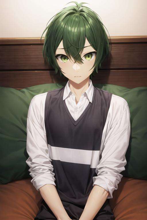 masterpiece, best quality, high quality, 1boy, solo, male focus, looking at viewer, upper body, <lora:shuu_iura:0.84>, shuu_iura, green hair, green eyes, hair between eyes, ,