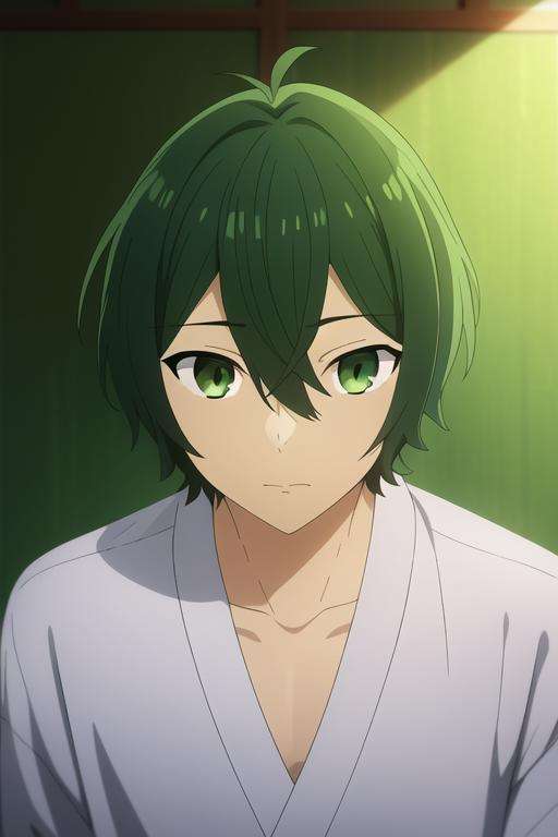 masterpiece, best quality, high quality, 1boy, solo, male focus, looking at viewer, upper body, <lora:shuu_iura:0.80>, shuu_iura, green hair, green eyes, hair between eyes, , yukata