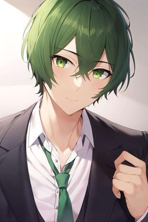 masterpiece, best quality, high quality, 1boy, solo, male focus, looking at viewer, upper body, <lora:shuu_iura:0.58>, shuu_iura, green hair, green eyes, hair between eyes, , formal, necktie, dress shirt