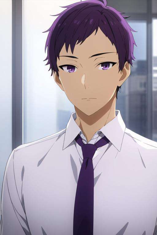 masterpiece, best quality, high quality, 1boy, solo, male focus, looking at viewer, upper body, <lora:tooru_ishikawa:0.78>, tooru_ishikawa, purple hair, purple eyes, realistic, formal, necktie, dress shirt