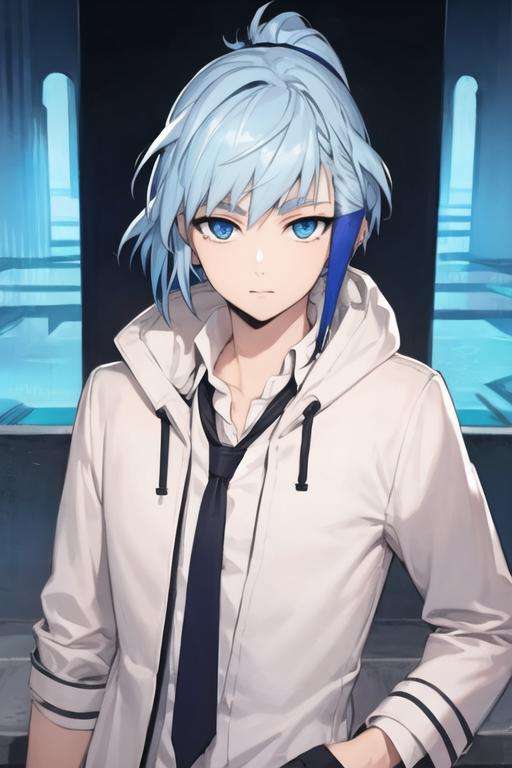 masterpiece, best quality, high quality, 1boy, solo, male focus, looking at viewer, upper body, <lora:aguero_agnes_khun:0.60>, aguero_agnes_khun, blue hair, blue eyes, multicolored hair, ponytail, , coat