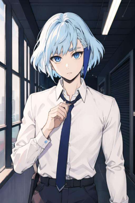 masterpiece, best quality, high quality, 1boy, solo, male focus, looking at viewer, upper body, <lora:aguero_agnes_khun:0.70>, aguero_agnes_khun, blue hair, blue eyes, multicolored hair, , , formal, necktie, dress shirt