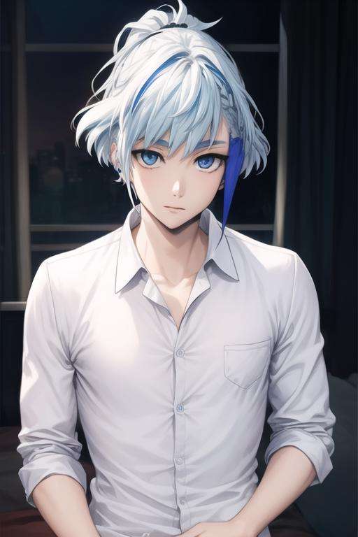 masterpiece, best quality, high quality, 1boy, solo, male focus, looking at viewer, upper body, <lora:aguero_agnes_khun:0.68>, aguero_agnes_khun, blue hair, blue eyes, multicolored hair, ponytail, , pajamas