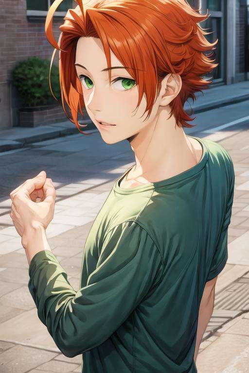 masterpiece, best quality, high quality, 1boy, solo, male focus, looking at viewer, upper body, <lora:kouichi_shindou:0.70>, kouichi_shindou, orange hair, green eyes, ahoge, realistic,