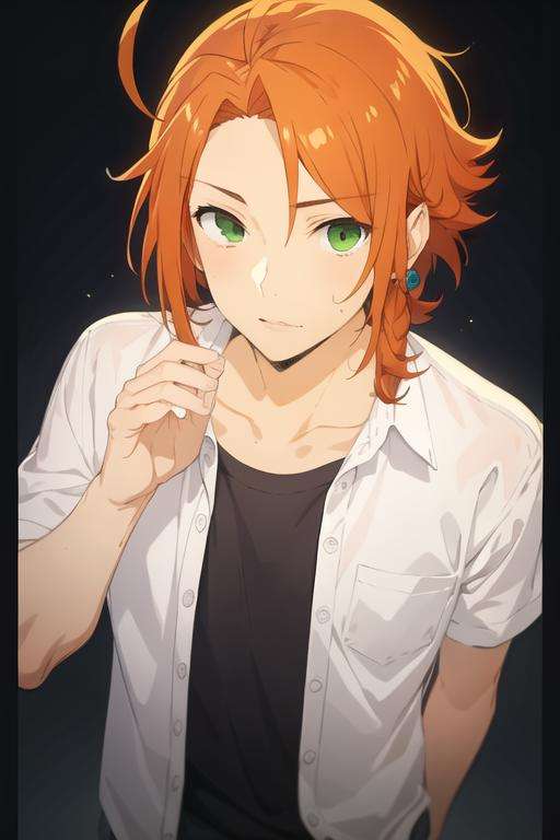 masterpiece, best quality, high quality, 1boy, solo, male focus, looking at viewer, upper body, <lora:kouichi_shindou:0.70>, kouichi_shindou, orange hair, green eyes, ahoge, realistic,