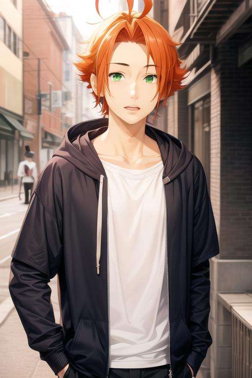 masterpiece, best quality, high quality, 1boy, solo, male focus, looking at viewer, upper body, <lora:kouichi_shindou:0.66>, kouichi_shindou, orange hair, green eyes, ahoge, realistic, hoodie