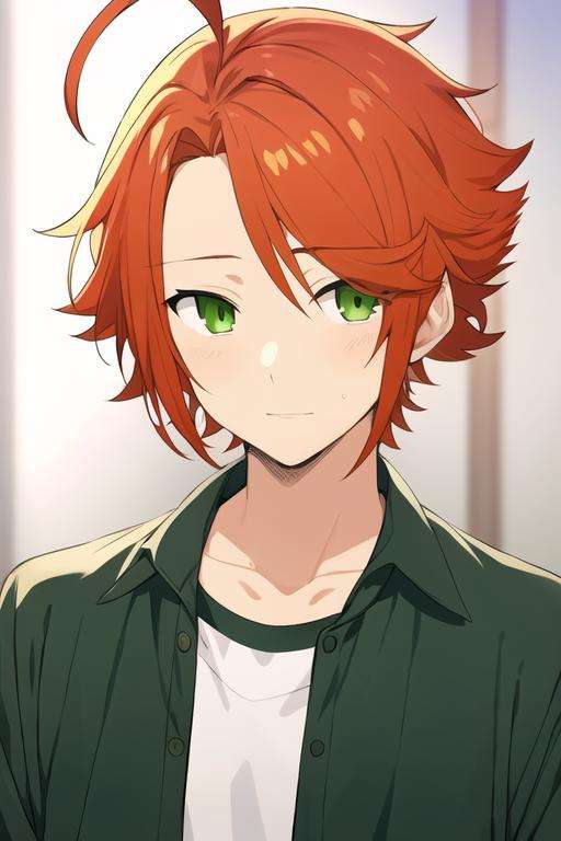 masterpiece, best quality, high quality, 1boy, solo, male focus, looking at viewer, upper body, <lora:kouichi_shindou:0.56>, kouichi_shindou, orange hair, green eyes, ahoge, ,