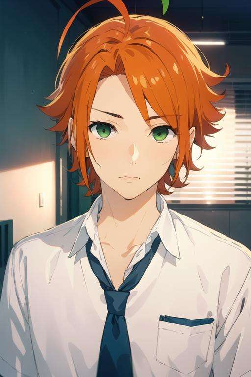 masterpiece, best quality, high quality, 1boy, solo, male focus, looking at viewer, upper body, <lora:kouichi_shindou:0.64>, kouichi_shindou, orange hair, green eyes, ahoge, realistic, school uniform