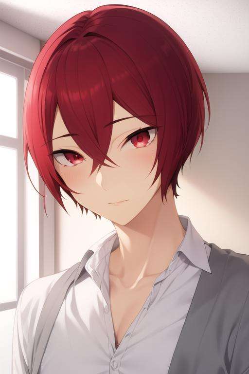 masterpiece, best quality, high quality, 1boy, solo, male focus, looking at viewer, upper body, <lora:kakeru_sengoku:0.76>, kakeru_sengoku, red eyes, red hair, hair between eyes, short hair, ,