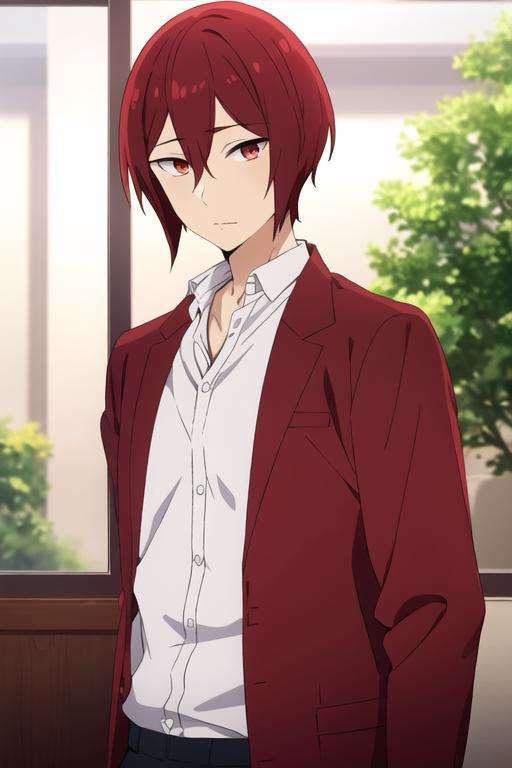 masterpiece, best quality, high quality, 1boy, solo, male focus, looking at viewer, upper body, <lora:kakeru_sengoku:0.70>, kakeru_sengoku, red eyes, red hair, hair between eyes, short hair, ,