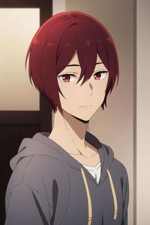 masterpiece, best quality, high quality, 1boy, solo, male focus, looking at viewer, upper body, <lora:kakeru_sengoku:0.58>, kakeru_sengoku, red eyes, red hair, hair between eyes, short hair, realistic, hoodie