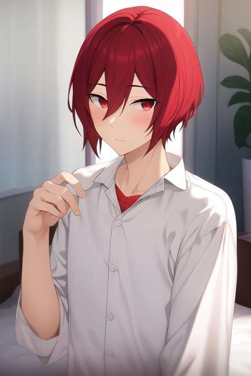 masterpiece, best quality, high quality, 1boy, solo, male focus, looking at viewer, upper body, <lora:kakeru_sengoku:0.64>, kakeru_sengoku, red eyes, red hair, hair between eyes, short hair, , pajamas