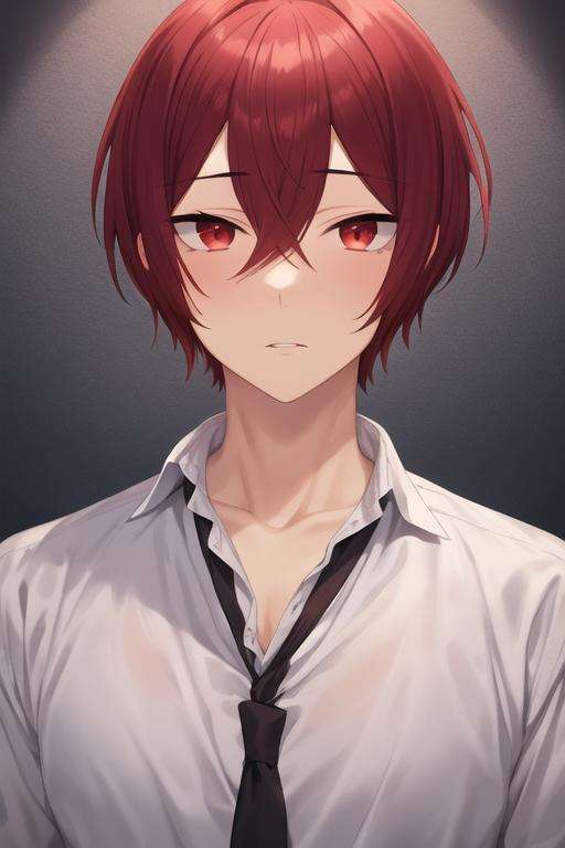 masterpiece, best quality, high quality, 1boy, solo, male focus, looking at viewer, upper body, <lora:kakeru_sengoku:0.52>, kakeru_sengoku, red eyes, red hair, hair between eyes, short hair, ,