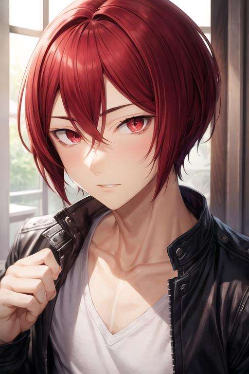 masterpiece, best quality, high quality, 1boy, solo, male focus, looking at viewer, upper body, <lora:kakeru_sengoku:0.52>, kakeru_sengoku, red eyes, red hair, hair between eyes, short hair, , gakuran