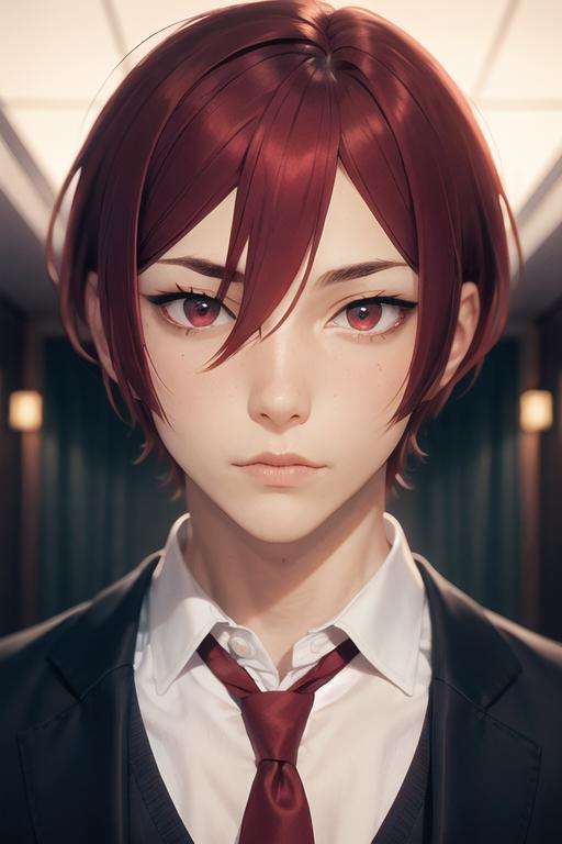 masterpiece, best quality, high quality, 1boy, solo, male focus, looking at viewer, upper body, <lora:kakeru_sengoku:0.54>, kakeru_sengoku, red eyes, red hair, hair between eyes, short hair, ,