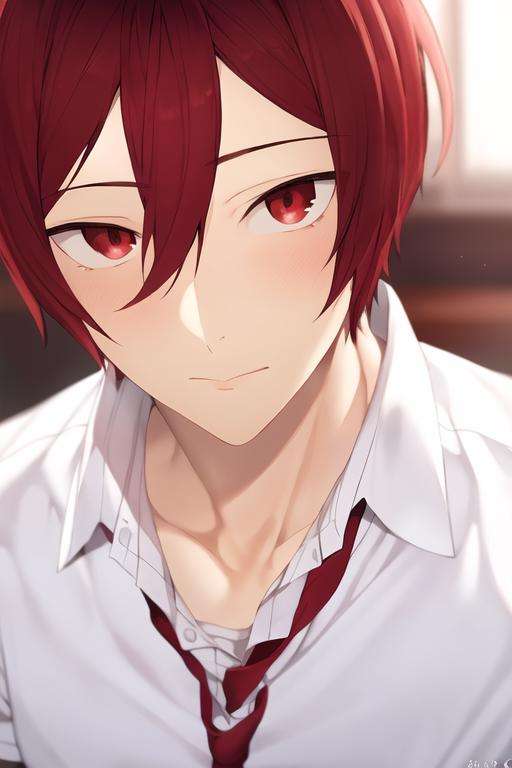 masterpiece, best quality, high quality, 1boy, solo, male focus, looking at viewer, upper body, <lora:kakeru_sengoku:0.74>, kakeru_sengoku, red eyes, red hair, hair between eyes, short hair, realistic, school uniform