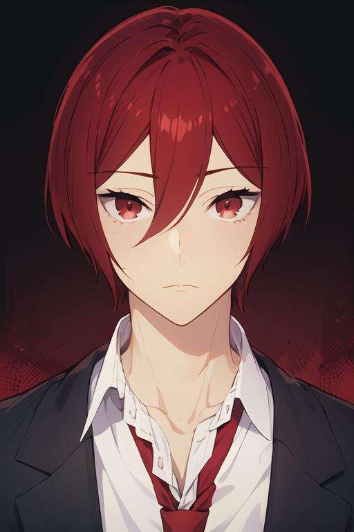 masterpiece, best quality, high quality, 1boy, solo, male focus, looking at viewer, upper body, <lora:kakeru_sengoku:0.80>, kakeru_sengoku, red eyes, red hair, hair between eyes, short hair, ,