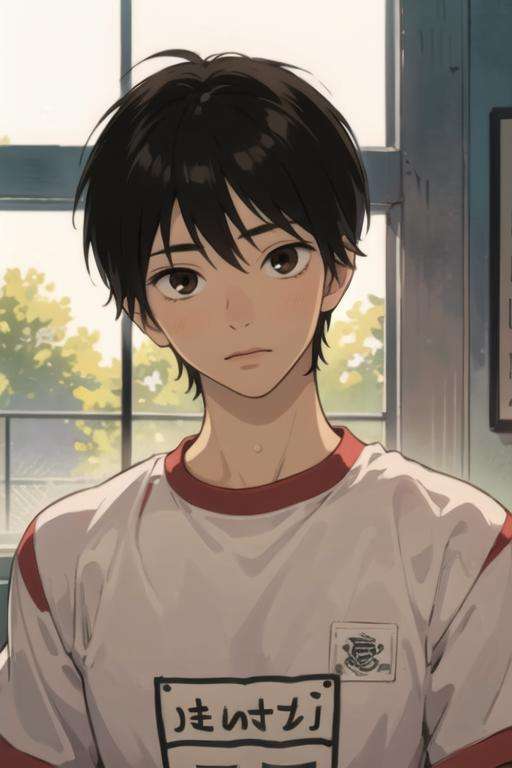 masterpiece, best quality, high quality, 1boy, solo, male focus, looking at viewer, upper body, <lora:shouta_kazehaya:0.72>, shouta_kazehaya, black hair, brown eyes, , gym uniform