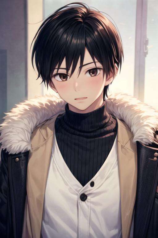 masterpiece, best quality, high quality, 1boy, solo, male focus, looking at viewer, upper body, <lora:shouta_kazehaya:0.62>, shouta_kazehaya, black hair, brown eyes, , coat