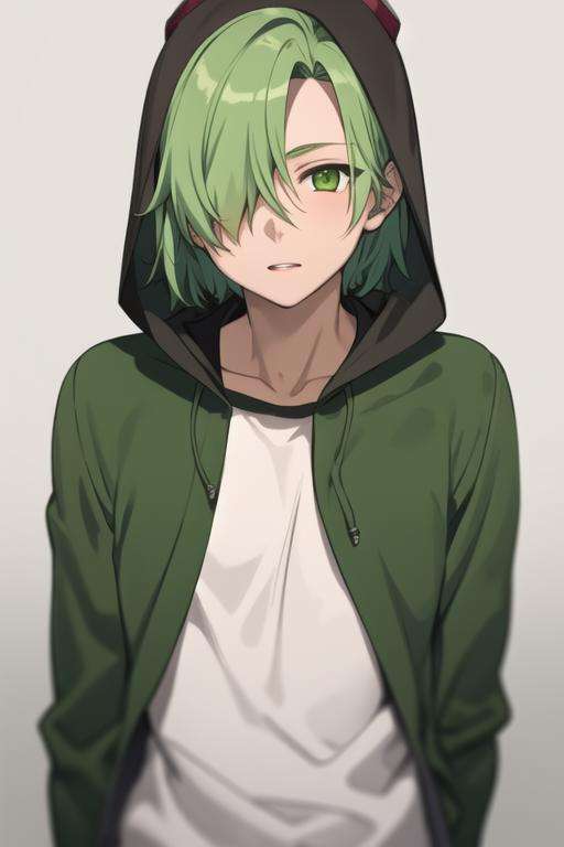 masterpiece, best quality, high quality, 1boy, solo, male focus, looking at viewer, upper body, <lora:lubbock:0.72>,lubbock, green hair, green eyes, hair over one eye, goggles on head, hood, jacket, <lora:animemix_v3_offset:0.85>