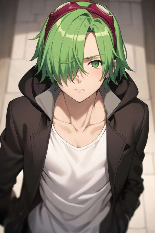 masterpiece, best quality, high quality, 1boy, solo, male focus, looking at viewer, upper body, <lora:lubbock:0.78>,lubbock, green hair, green eyes, hair over one eye, goggles on head, jacket,