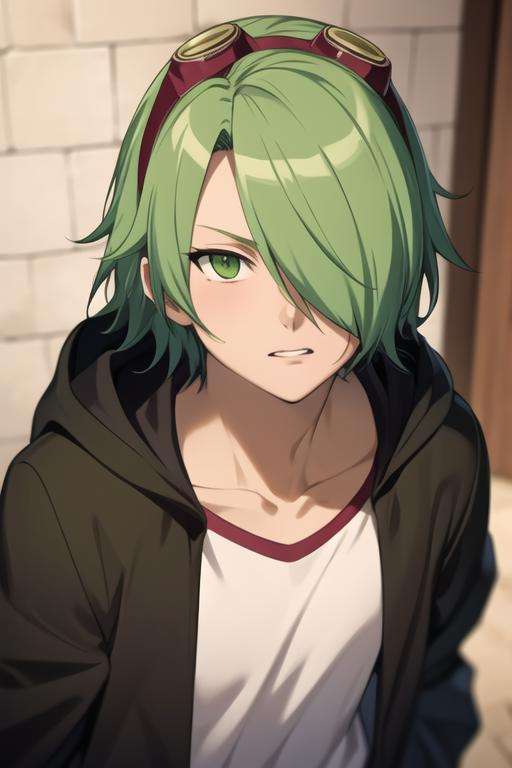 masterpiece, best quality, high quality, 1boy, solo, male focus, looking at viewer, upper body, <lora:lubbock:0.76>,lubbock, green hair, green eyes, hair over one eye, goggles on head, hood, jacket,