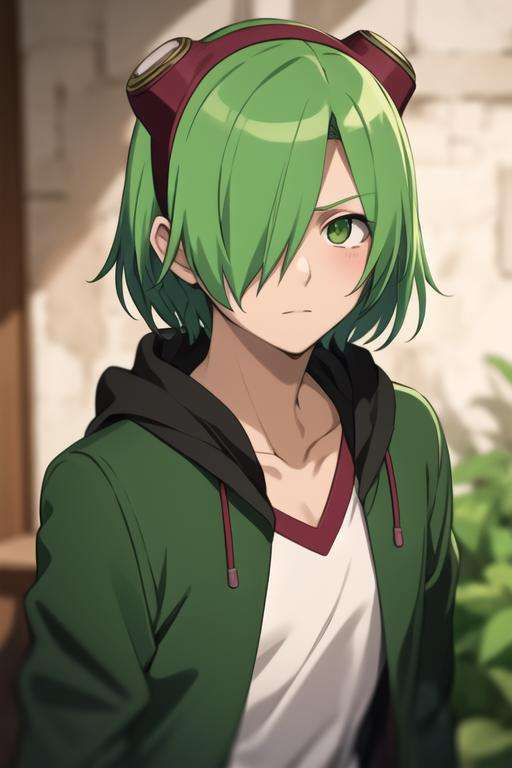 masterpiece, best quality, high quality, 1boy, solo, male focus, looking at viewer, upper body, <lora:lubbock:0.80>,lubbock, green hair, green eyes, hair over one eye, , jacket, <lora:animemix_v3_offset:0.25>