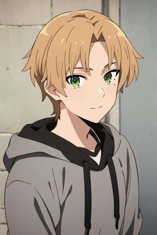 masterpiece, best quality, high quality, 1boy, solo, male focus, looking at viewer, upper body, <lora:rudeus_greyrat:0.78>, rudeus_greyrat, green eyes, blonde hair, hoodie