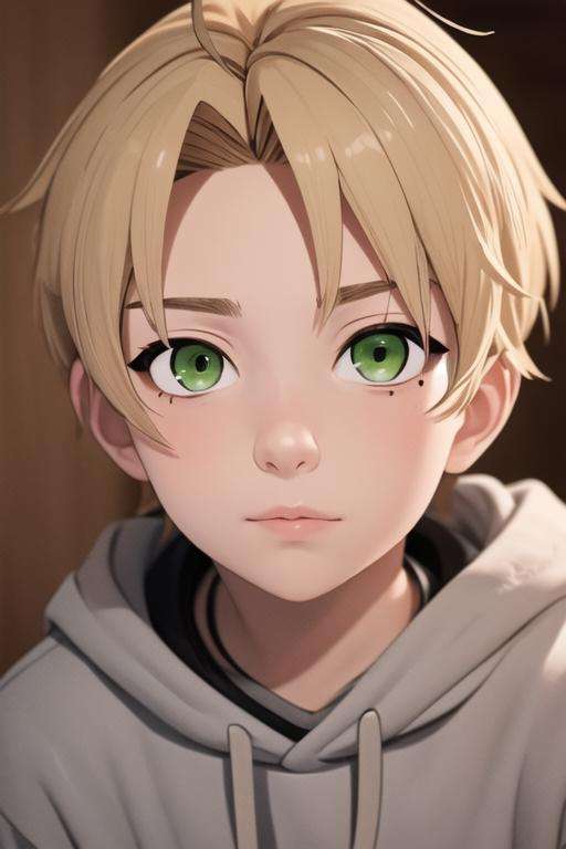 masterpiece, best quality, high quality, 1boy, solo, male focus, looking at viewer, upper body, <lora:rudeus_greyrat:0.76>, rudeus_greyrat, green eyes, blonde hair, hoodie