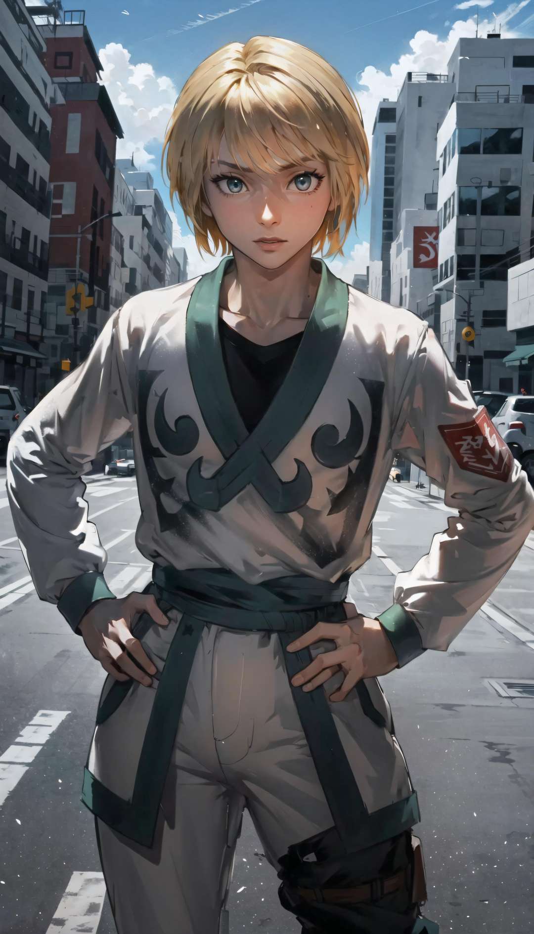 (cowboy shot), sfw, (masterpiece), (best quality:1.0), (ultra highres:1.0), detailed eyesBREAK <lora:Kurapika:0.8>  Kurapika, 1boy, male focus, grey eyes, hands on hips\(white\) karate uniform, green trim, black undershirt, white pants, waist-sashBREAK(city, outdoors, gorgeous view)   