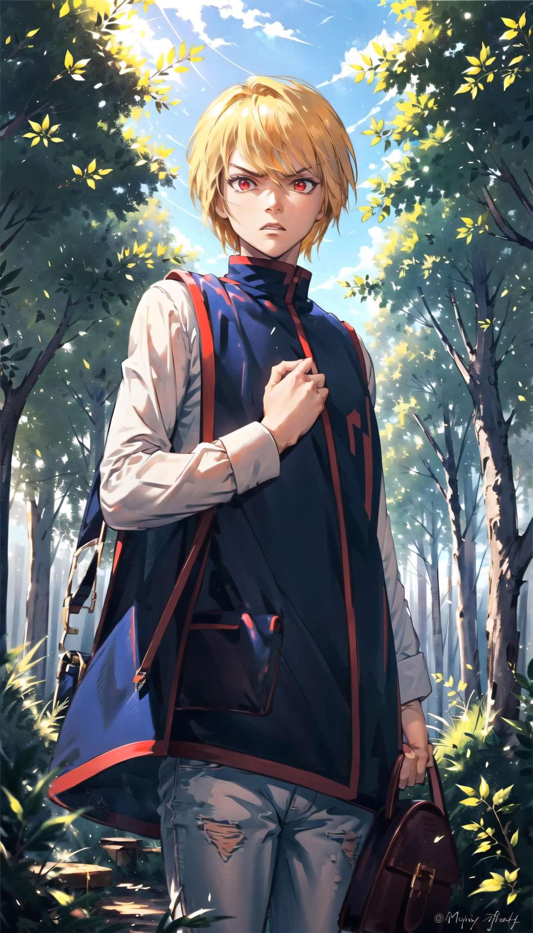 (cowboy shot), sfw, (masterpiece), (best quality:1.0), (ultra highres:1.0), detailed eyesBREAK <lora:Kurapika:0.8>  Kurapika, 1boy, male focus, red eyes, angry, blue poncho, red trim, white pants, white shirt, shoulder bagBREAK(forest, outdoors, gorgeous view)   