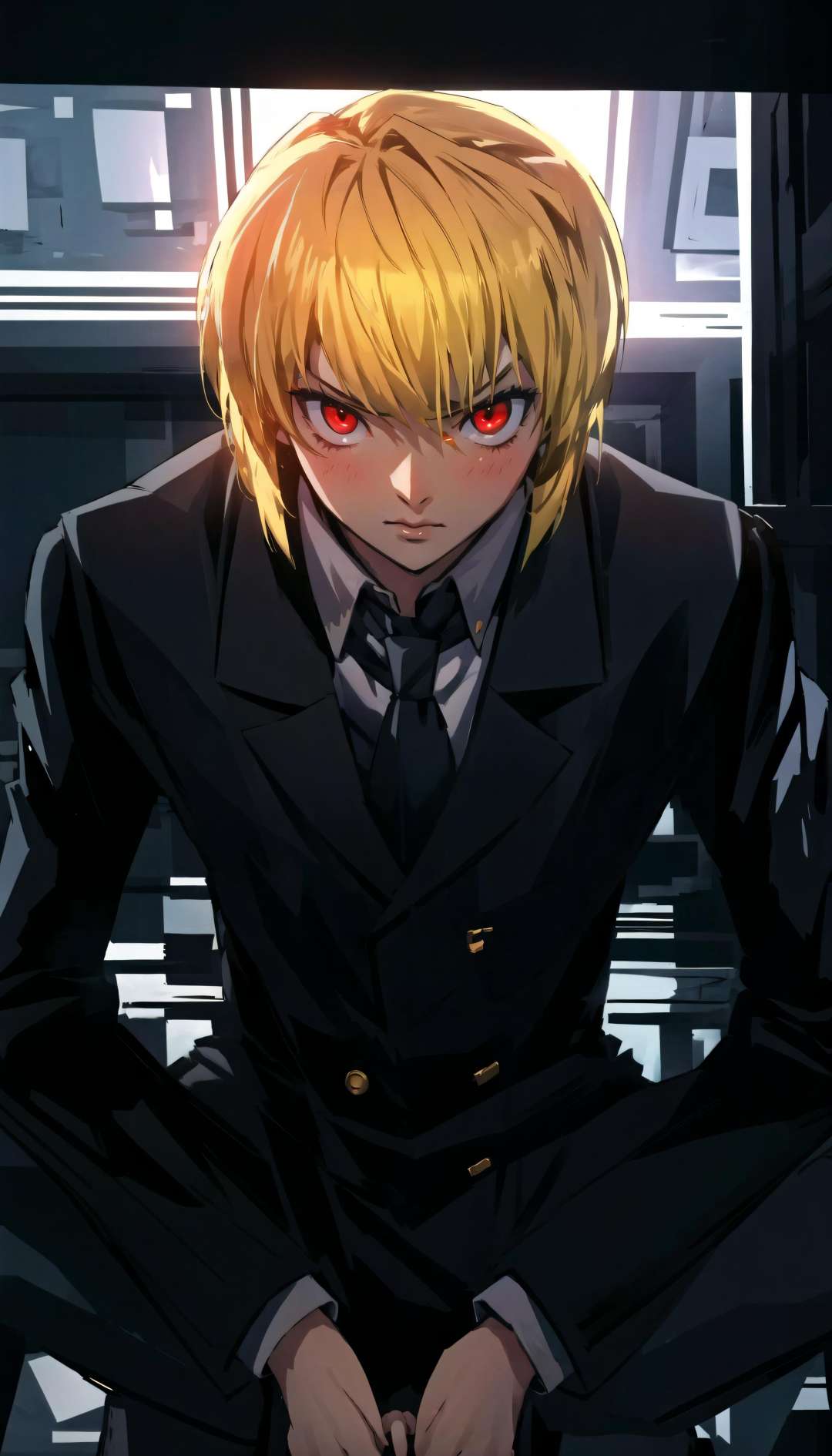 (cowboy shot), sfw, (masterpiece), (best quality:1.0), (ultra highres:1.0), detailed eyesBREAK <lora:Kurapika:0.8>  Kurapika, 1boy, male focus, red eyes, sitting, hands clasped, seriousblack suit, necktie, formal, collared shirtBREAK(dark room, lamp, indoors, gorgeous view)   