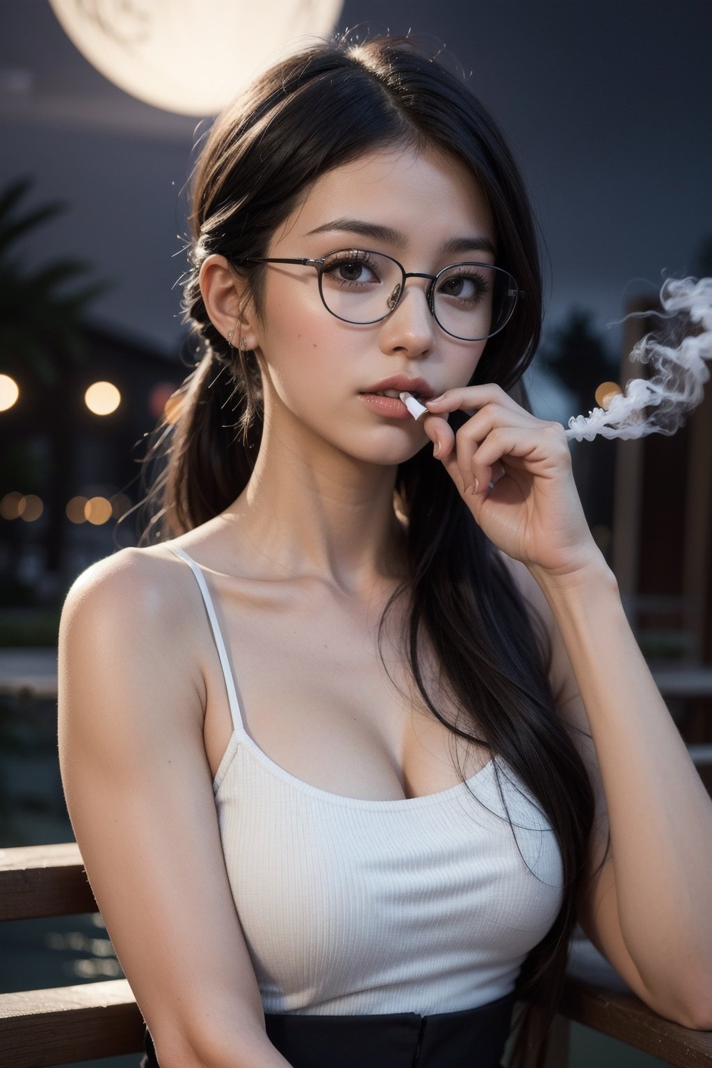 masterpiece, best quality, high quality, 4k, 1girl, realistic, black hair, ponytail, glasses, upper body, smoking, (night:1.5), moonlight,  <lora:Skin%20Whitening%20and%20Tanning%20Regulator:0.8>