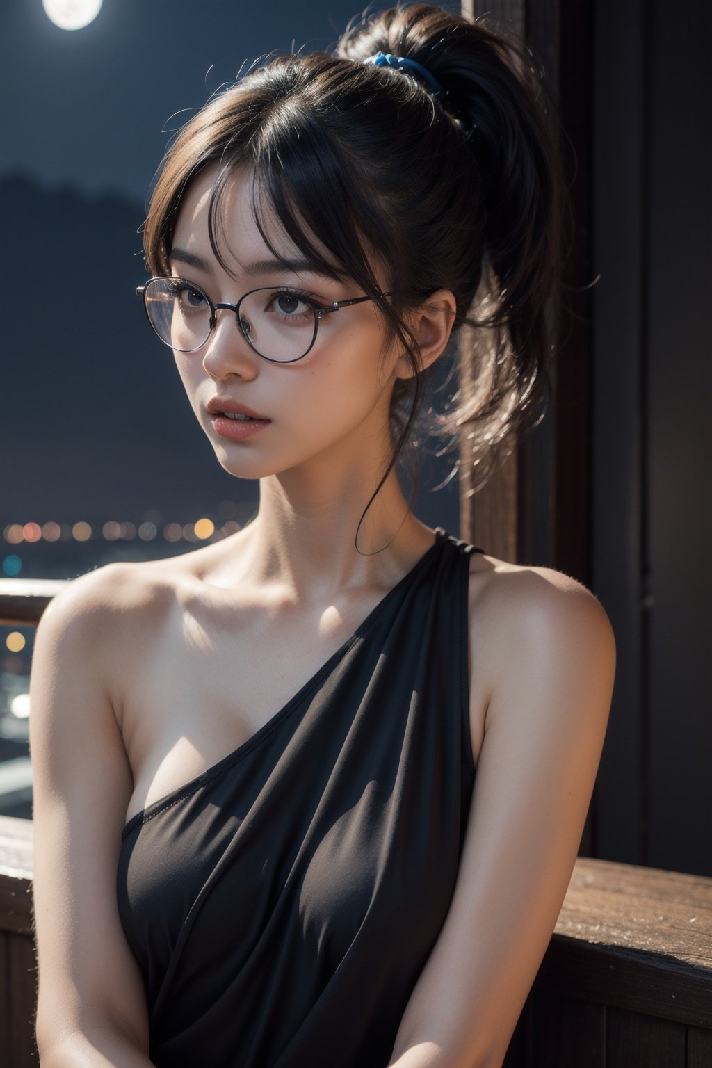 masterpiece, best quality, high quality, 4k, 1girl, realistic, black hair, ponytail, glasses, upper body, smoking, (night:1.5), moonlight,  <lora:Skin%20Whitening%20and%20Tanning%20Regulator:0.8>