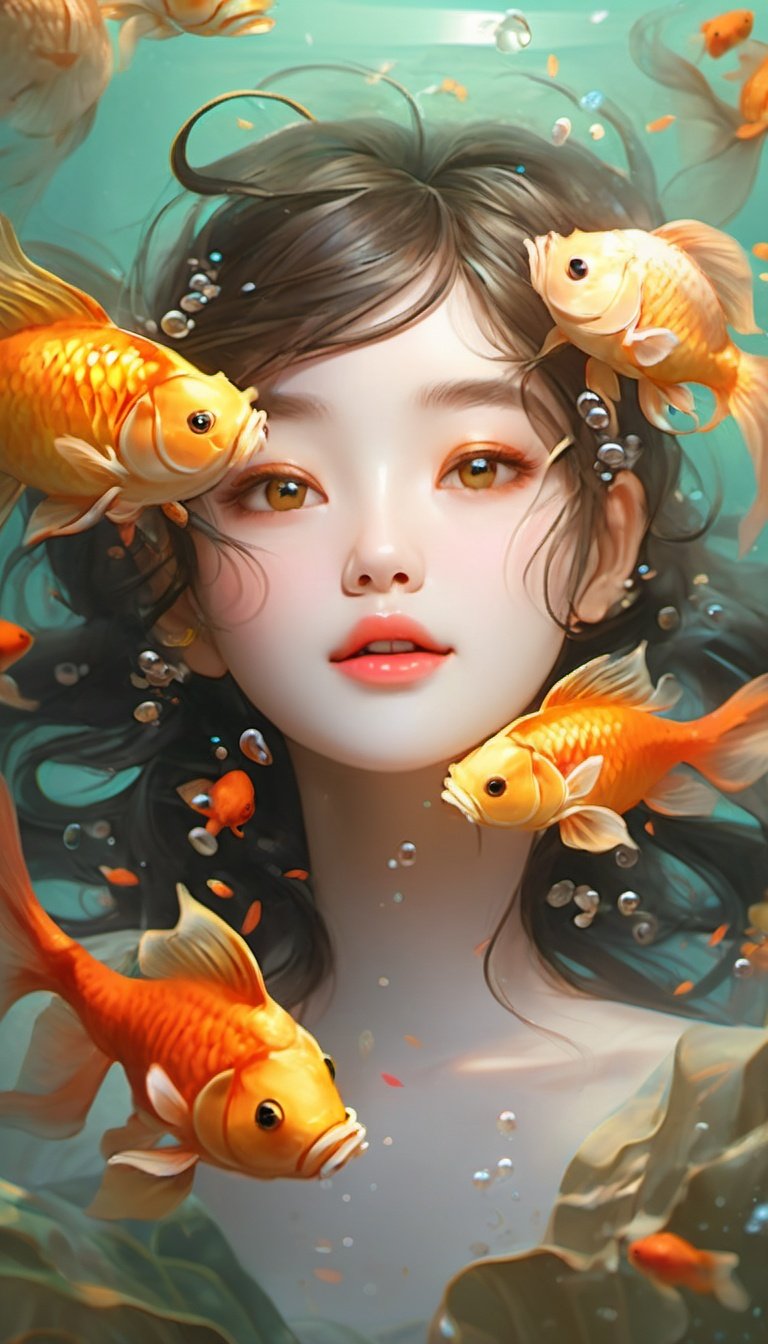 High detailed, High precision, Hyper quality, UHD,16k, Rich details, rich elements, guofeng, illustration,1girl, beautiful,Surrounded by goldfish, surrounded by goldfish, lotus, lotus leaf, pearlygates,bj_Devil_angel,shuixia