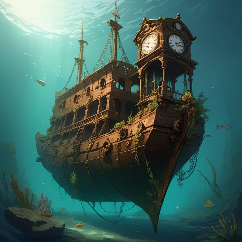 Main body: A sunken ship with a clock hanging from the bottom. Description: An ancient ship that has been sunk for many years is surrounded by an ocean environment, with a huge and exquisite clock hanging from the bottom. There are small fish swimming around, and algae and coral grow on the wreckage. This scene creates a mysterious and beautiful atmosphere, while also suggesting the impact of time passing, historical sites, and human activities on the natural environment.