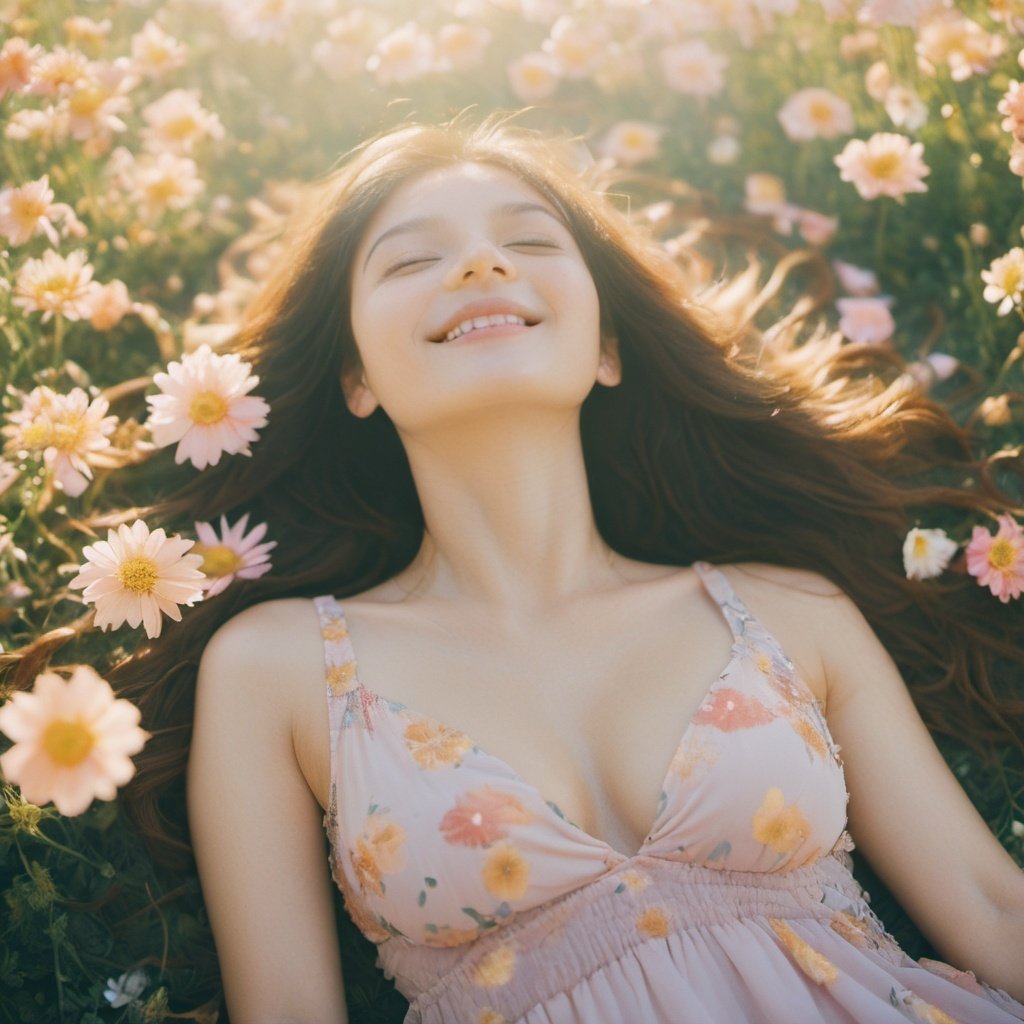 1girl, portrait from above, lying on her back, light smile, outdoors in a field, surrounded by (flowers:1.1), (petals:1.1), wearing pastel colored dress, cleavage, flowing long hair, golden hour, shallow depth of field, dreamy photograph, highly detailed, natural lighting, captured on film