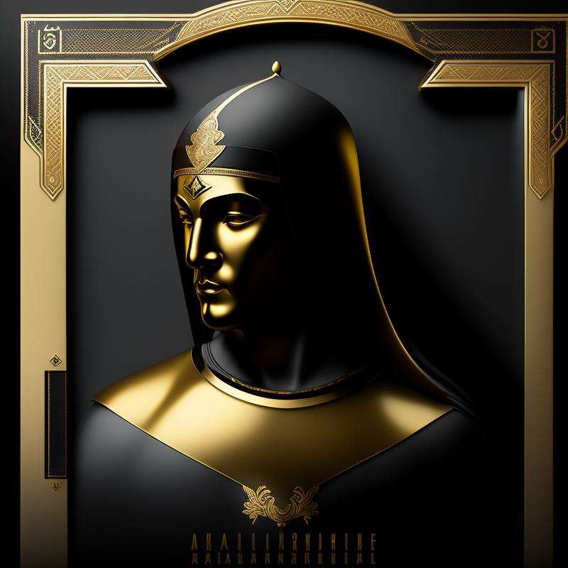 a golden men warrior on a glossy and matte black background with a gold border around, gold and black decorative intricate border around, gilding Arabic ligature, intricate 8K <lora:GoldyBlack_v1.0:1>