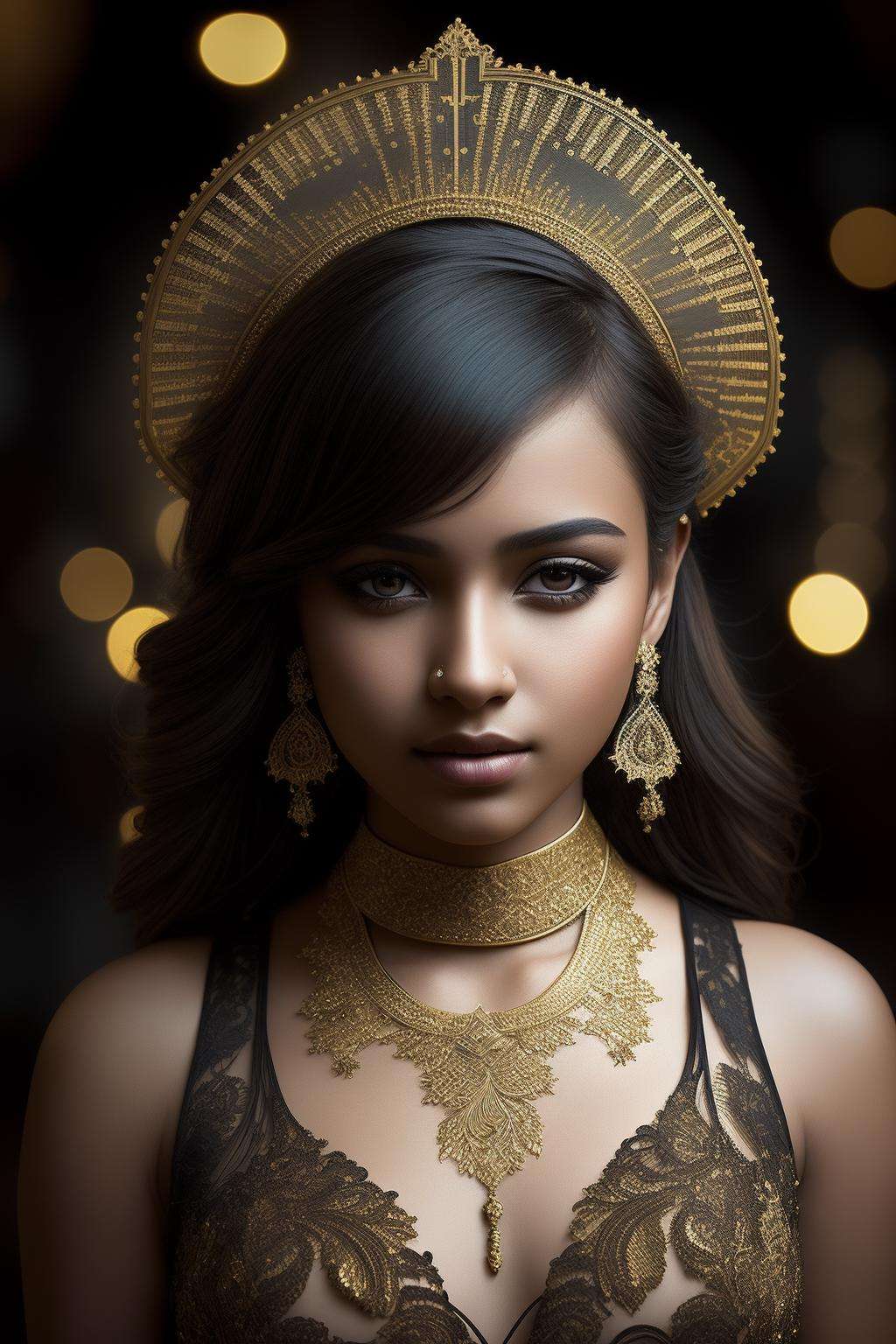 HyperSmoke, award winning portrait photo of an young gold woman, bokeh, backlit, (brown color in detail:1.1), elegant atmosphere, realistic, intricate details, true skin tone <lora:GoldyBlack_v1.1:1>