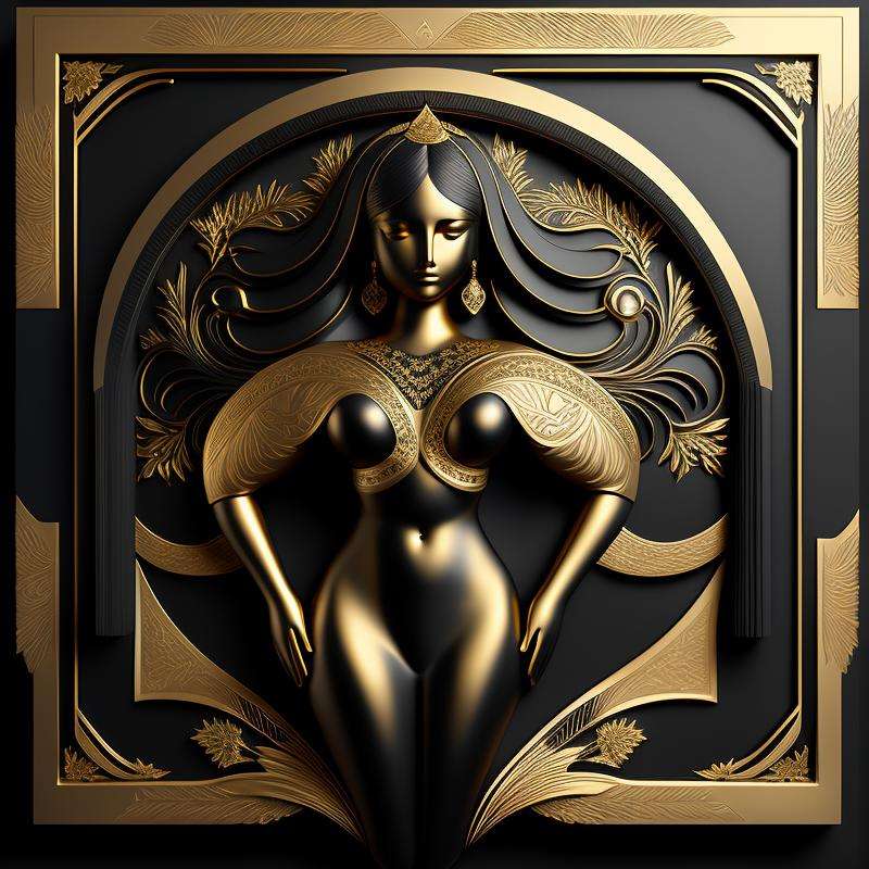 a golden nude woman on a matte black background with a gold border around, with a decorative intricate border around, matte black and gold ornament, very highly detailed digital art, a 3D render, 16K  <lora:GoldyBlack_v1.1:1>