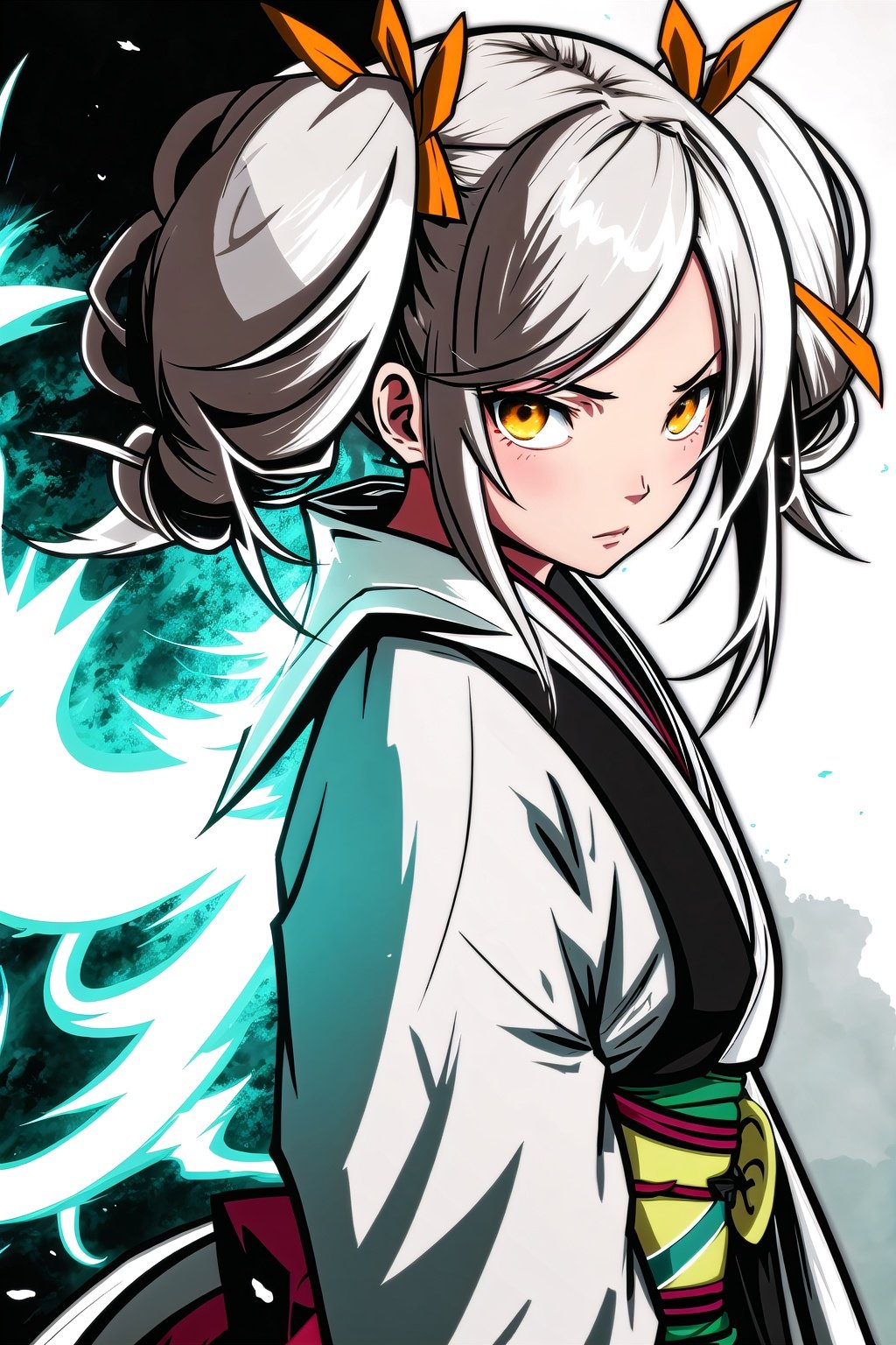 guiltys, serious, a girl, kimono on, gray twintails hair, posing, upper body, proud, (bokeh:1.1), depth of field, style of Anne Bachelier, tracers, vfx, splashes, lightning, light particles, electric, white background, fog, steam,hyperanim