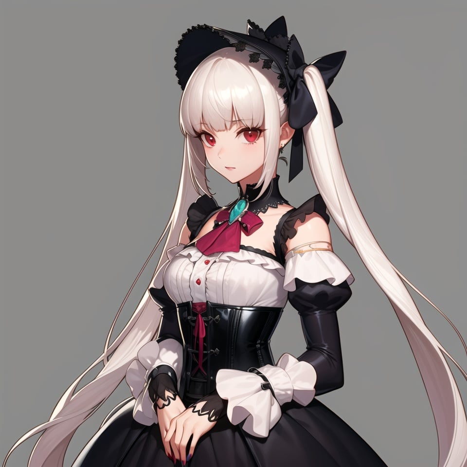 (best quality), ((masterpiece)), (highers), original, extremely detailed CG unity 8k wallpaper,1girl, solo, red eyes, long hair, dress, twintails, grey background, looking at viewer, lolita fashion, bonnet, corset, nail polish, long sleeves, frills, bangs, breasts, black dress, bow, gothic lolita, blunt bangs, ribbon, very long hair, gem, jewelry, white hair, brooch, puffy sleeves, closed mouth,hands_on_chest,, <lora:DNFstyle_v4:1>