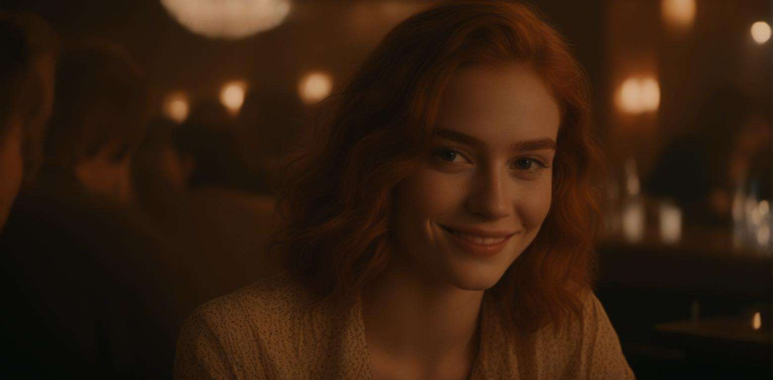 a close up photo of a 20 year old french woman in a blouse at a bar, seductive smile, ginger hair, cinematic light, film still, <lora:JuggerCineXL:1>