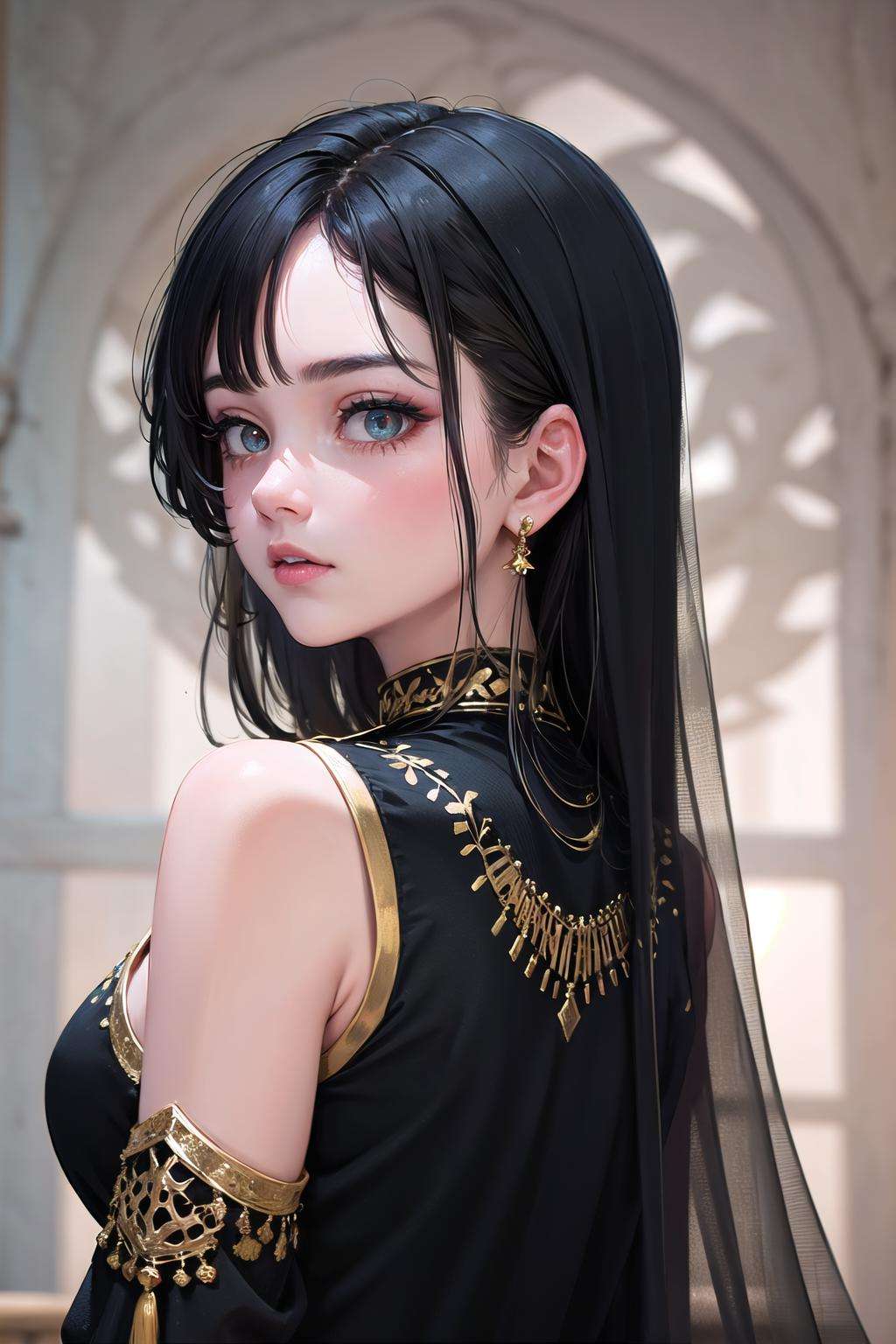 (highly detailed:1.3), 1girl, solo, (upper body:1.3), <lora:wrenchpjbss-10:1.1>, 1girl wearing wrenchpjbss, embroidery, black dress,  from behind, Ultra-detail, (highres:1.1), best quality, (masterpiece:1.3), cinematic lighting, (highly detailed face and eyes:1.3), 