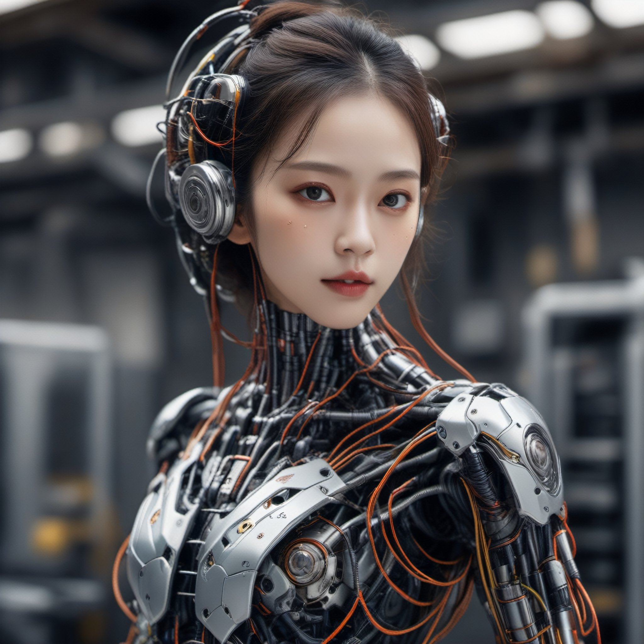 1girl,solo,cybirg style, cyborg, wire, cable, android, mechanical body part, hd, looking_at_viewer