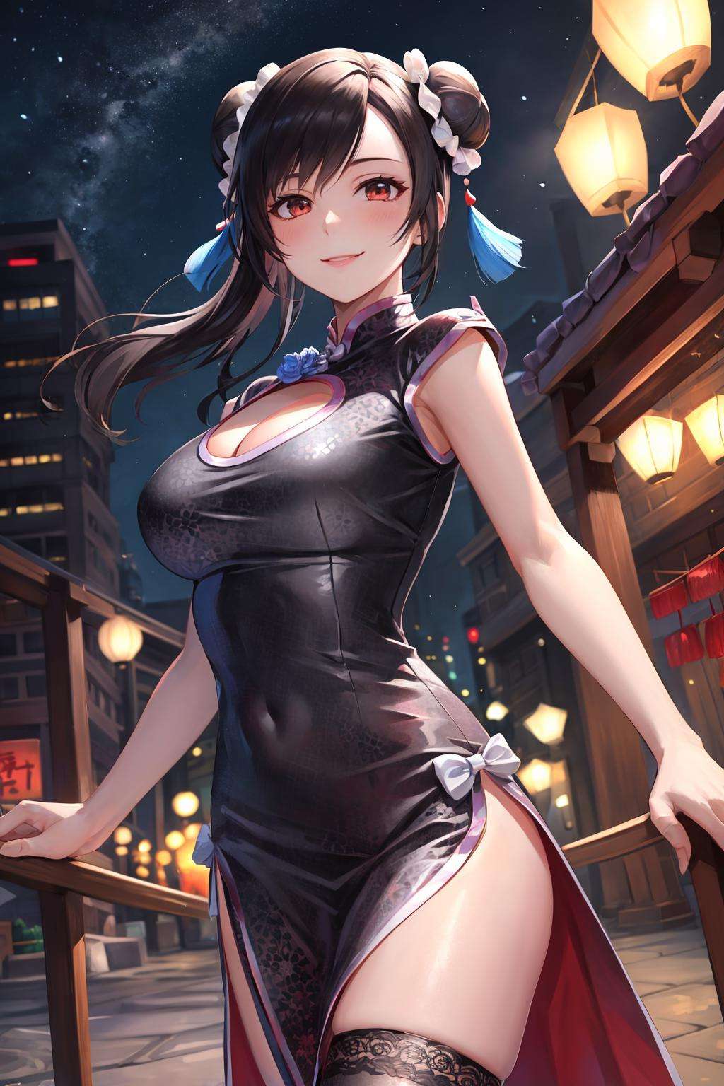 masterpiece, best quality, sdTifa, double bun, china dress, cleavage cutout, fishnet stockings, cowboy shot, looking at viewer, smile, paper lanterns, night, street <lora:tifa-nvwls-v1-000008:0.9>