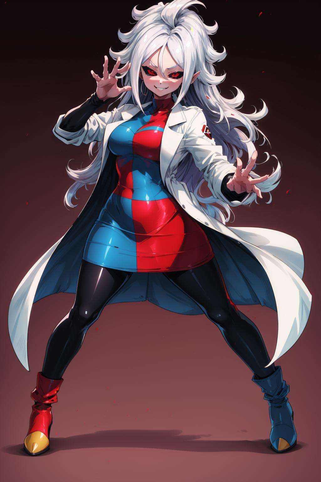 masterpiece, best quality, ma21, black sclera, pink skin, checkered dress, labcoat, black pantyhose, asymmetrical boots, looking at viewer, smirk <lora:android21-nvwls-v1-000010:0.9> 