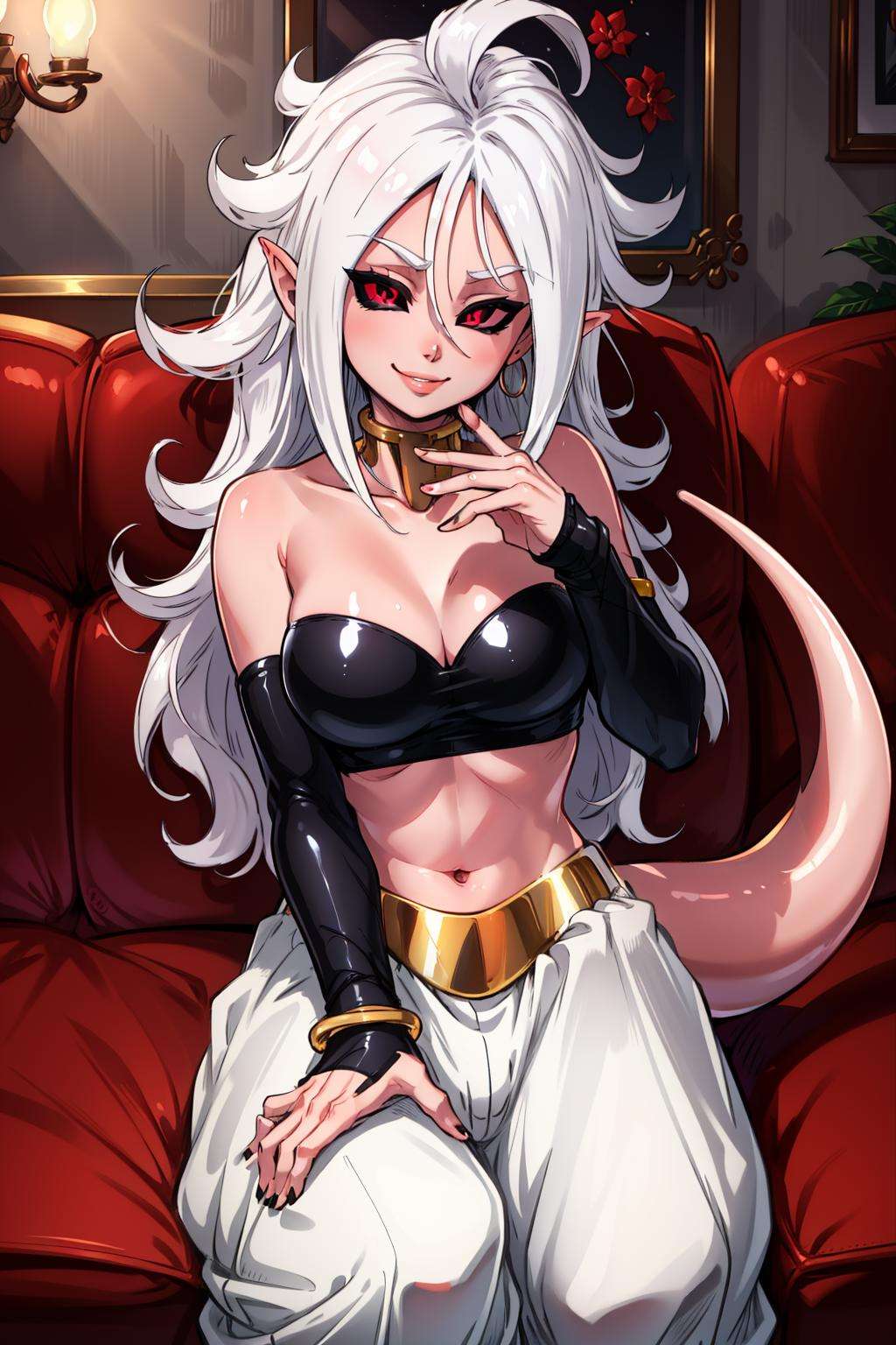 masterpiece, best quality, ma21, black sclera, pink skin, tube top, bracelet, harem pants, tail, sitting, restaurant, looking at viewer, smile, furrowed brow <lora:android21-nvwls-v1-000010:0.9>