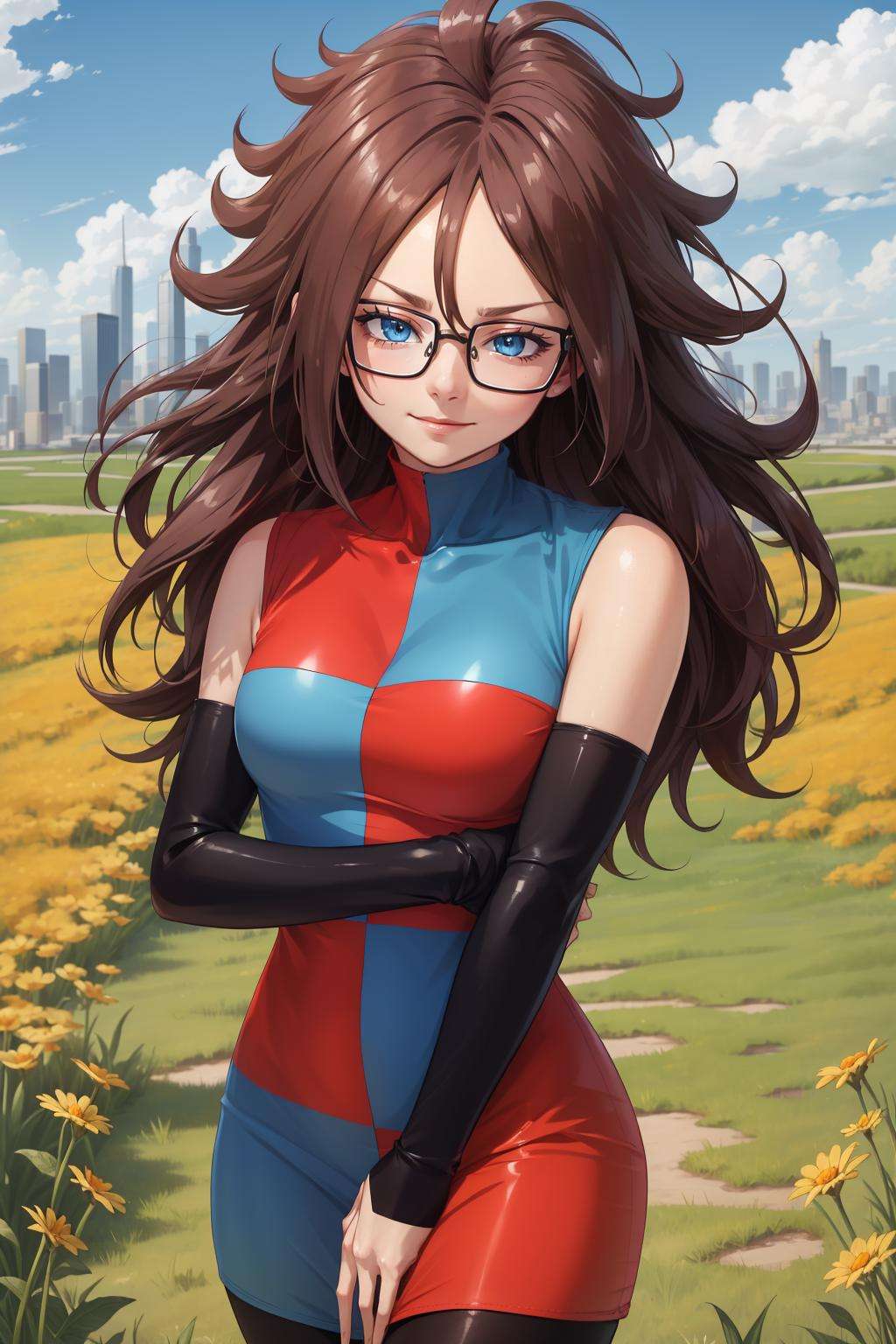 masterpiece, best quality, defa21, glasses, checkered dress, arm warmers, black pantyhose, upper body, smirk, furrowed brow, looking at viewer, field, grass, sky, cloud trails, city in distance<lora:android21-nvwls-v1-000010:0.9>