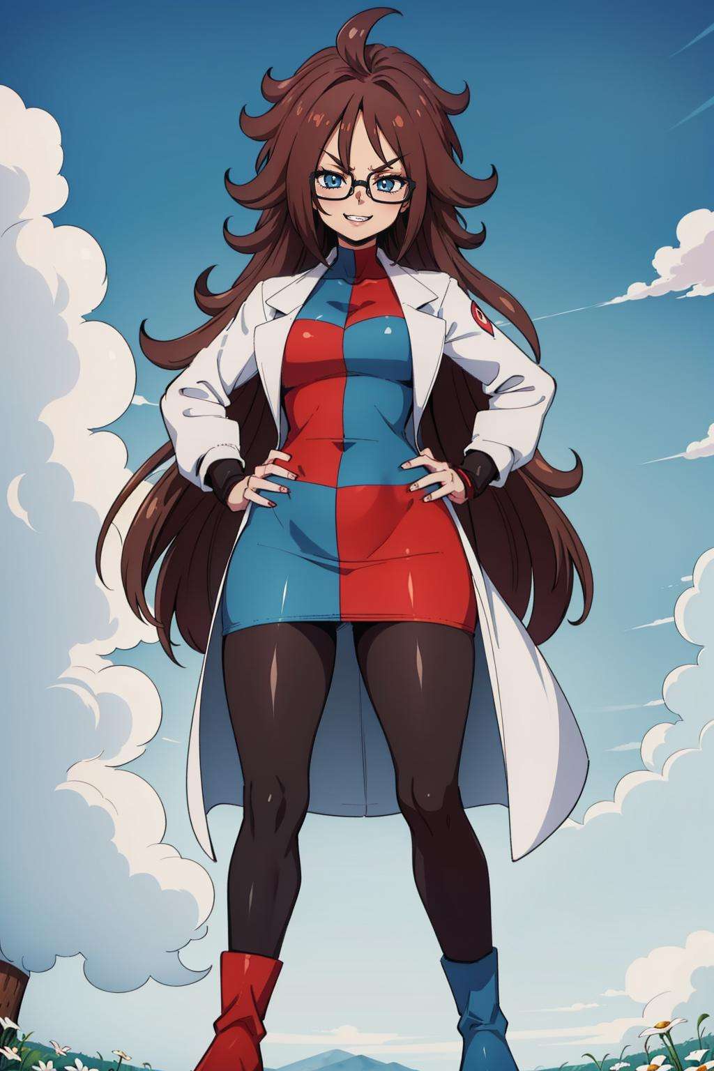 masterpiece, best quality, defa21, glasses, checkered dress, labcoat, black pantyhose, asymmetrical boots, whole body, standing, looking at viewer, hands to hips, looking down, from below, smirk, teeth, furrowed brow, field, sky <lora:android21-nvwls-v1-000010:0.9>